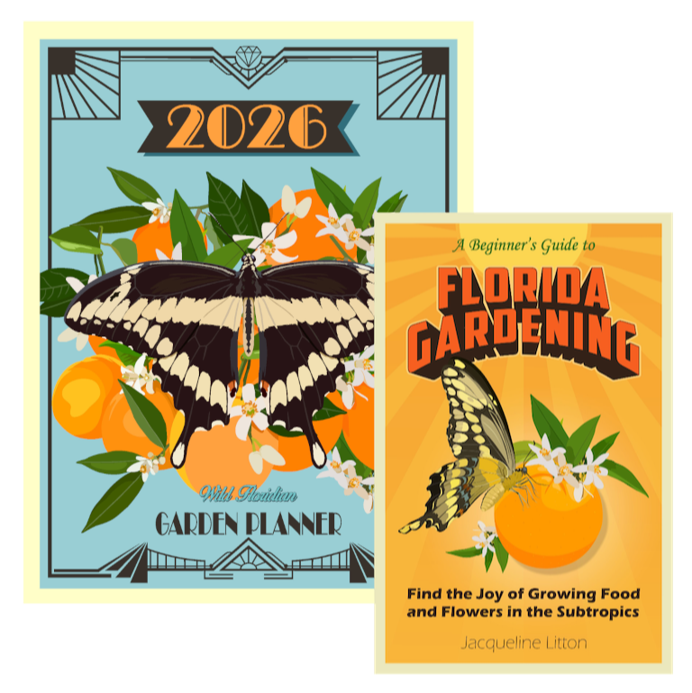 Two books on gardening with a butterfly and orange design, one titled '2026 Garden Planner' and the other 'A Beginner's Guide to Florida Gardening'.