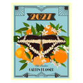 A 2027 garden planner cover design featuring a large black and cream butterfly over oranges, white flowers, and green leaves on a light blue background with an Art Deco border.