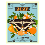 A 2027 garden planner cover design featuring a large black and cream butterfly over oranges, white flowers, and green leaves on a light blue background with an Art Deco border.