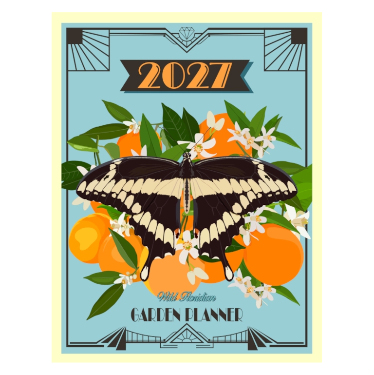 A 2027 garden planner cover design featuring a large black and cream butterfly over oranges, white flowers, and green leaves on a light blue background with an Art Deco border.
