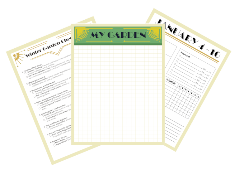 Three garden planning sheets with different sections on a white background